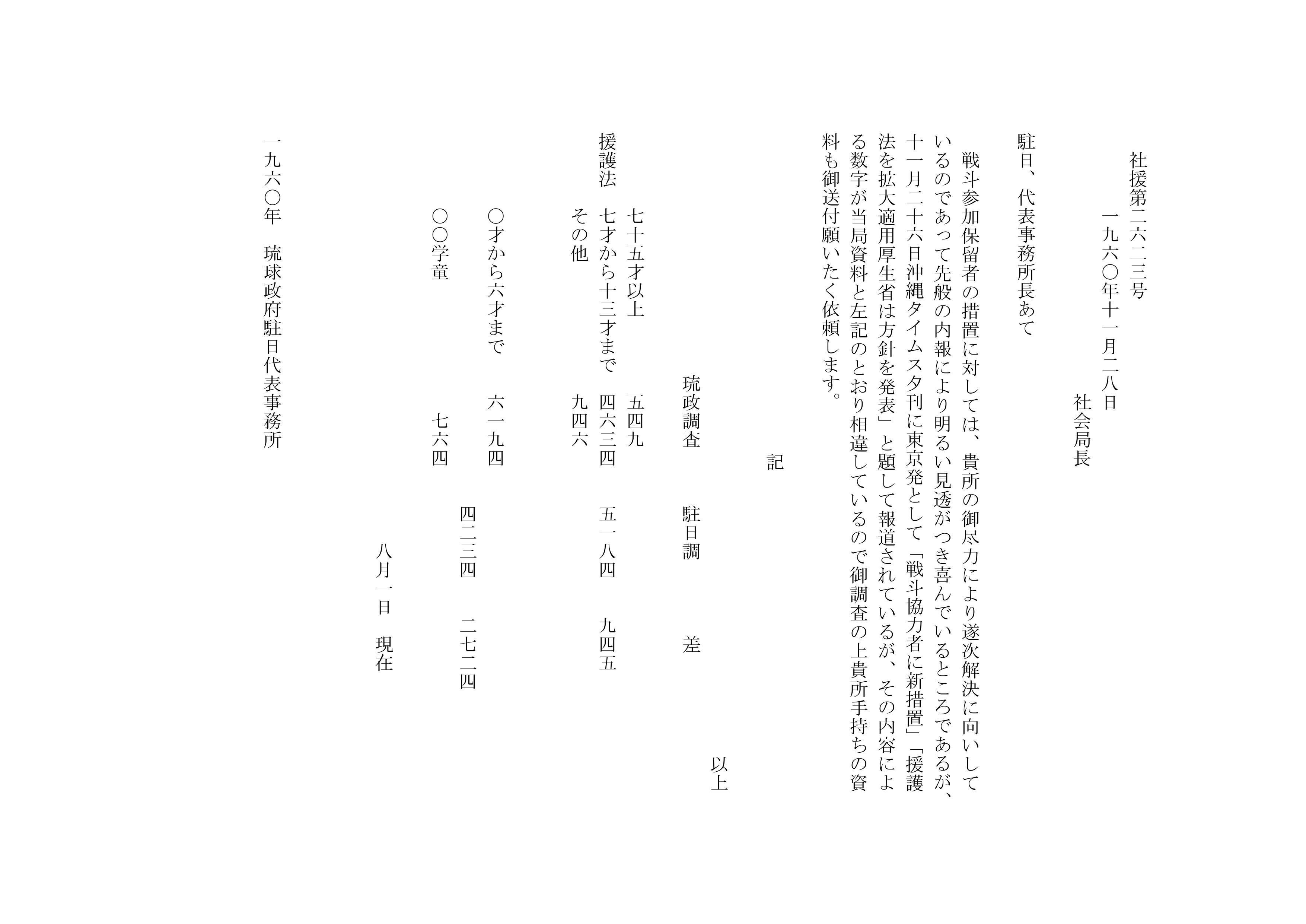 琉球政府駐日代表事務所あて文書